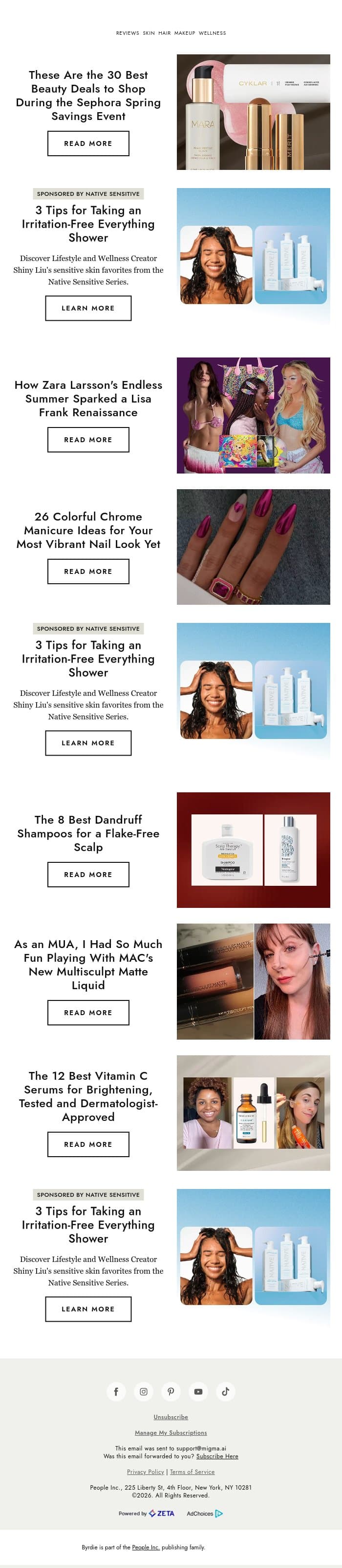 These are the 30 best beauty deals to shop during the Sephora Spring Savings Event email from Byrdie screenshot