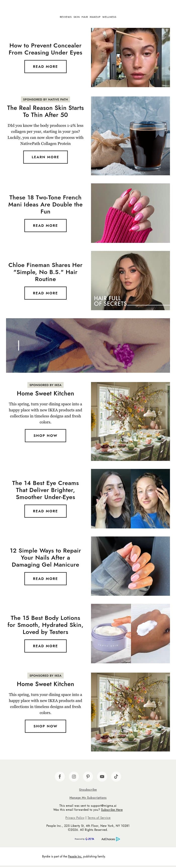 How to prevent concealer from creasing under eyes email from Byrdie screenshot