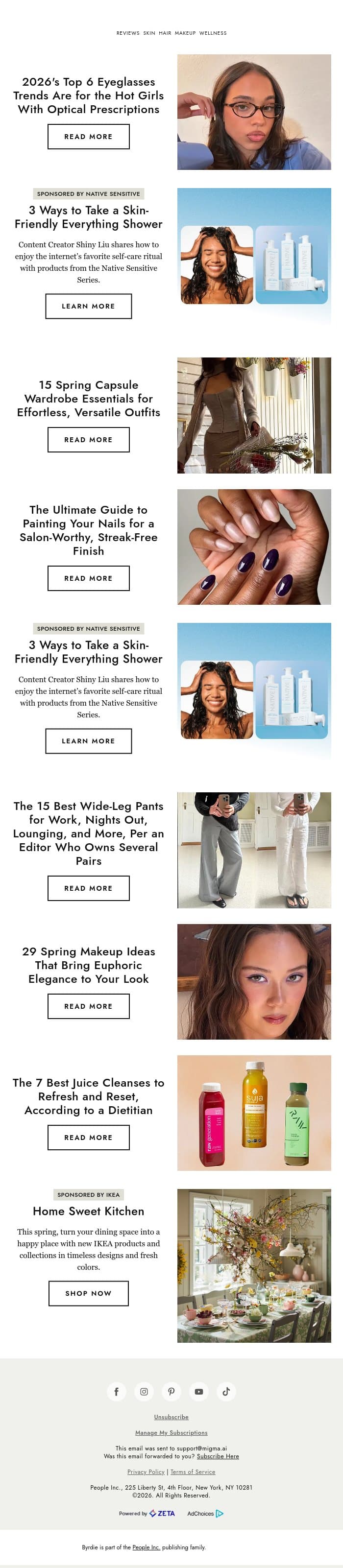 2026's top 6 eyeglasses trends are for the hot girls with optical prescriptions email from Byrdie screenshot