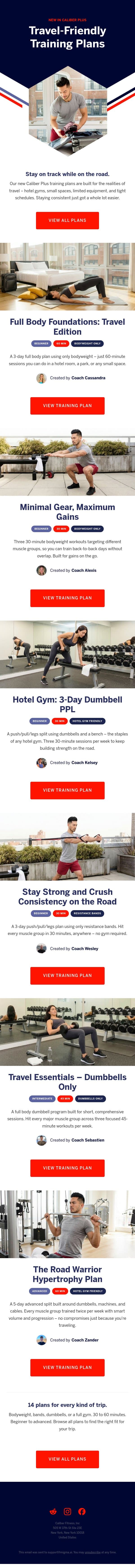 New: Travel-Friendly Training Plans ✈️ email from Caliber screenshot