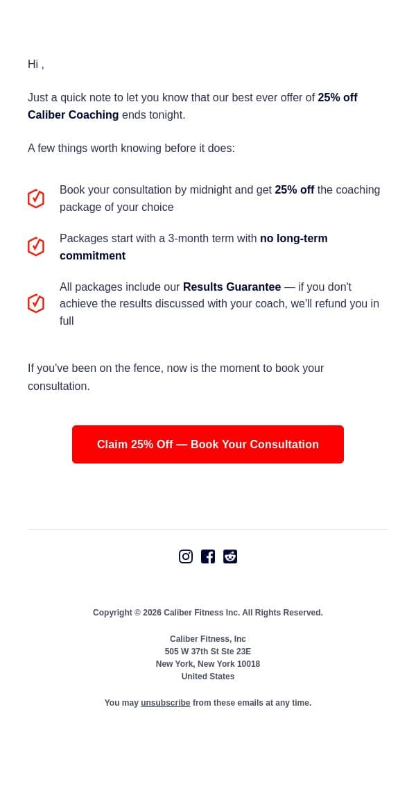 25% off Caliber Coaching ends tonight email from Caliber screenshot