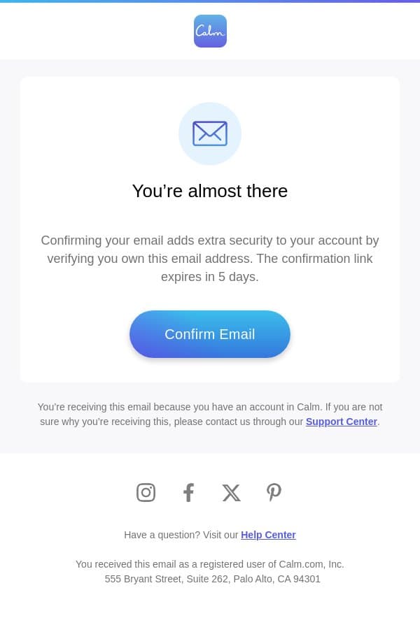 Confirm your email email from Calm screenshot
