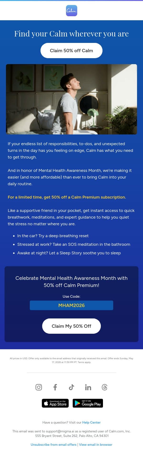 🎟 Use code MHAM2026 for 50% off Calm Premium email from Calm screenshot