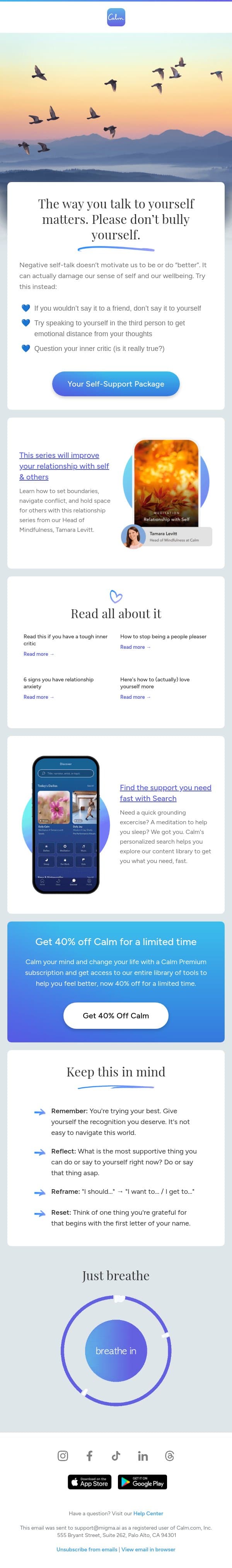 💙 For anyone that’s hard on themselves email from Calm screenshot