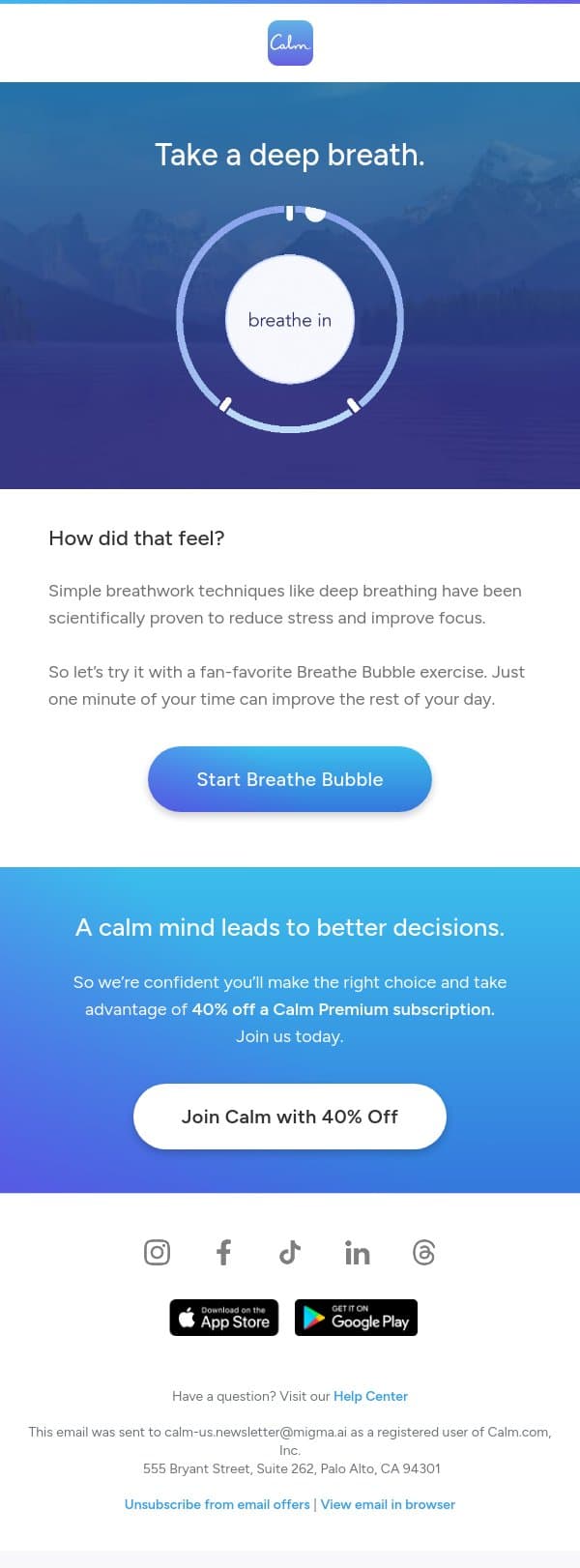 The rest of your inbox can wait. email from Calm screenshot