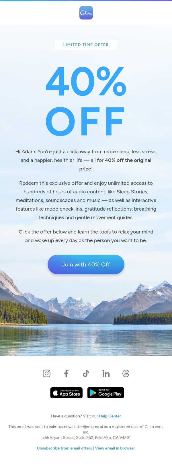 Adam, your discount is inside. email from Calm screenshot