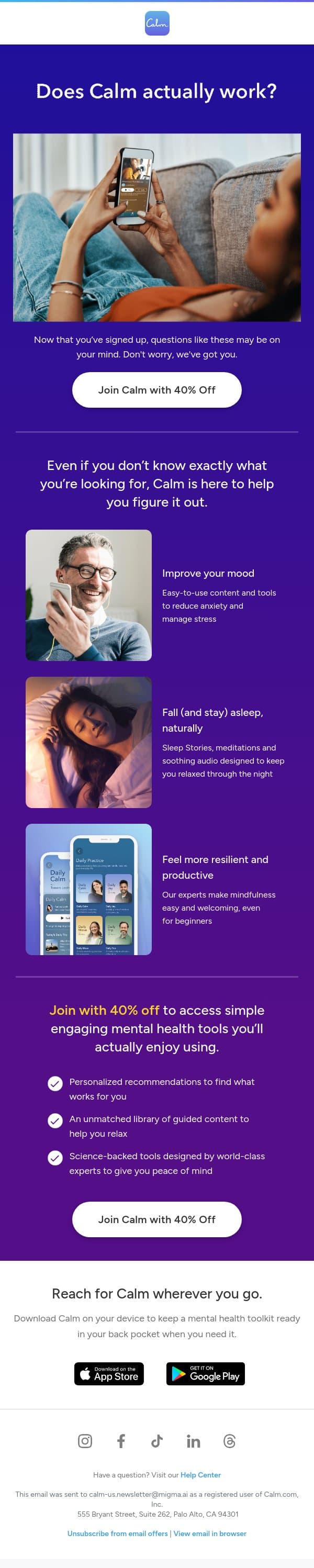 You deserve to feel better. email from Calm screenshot