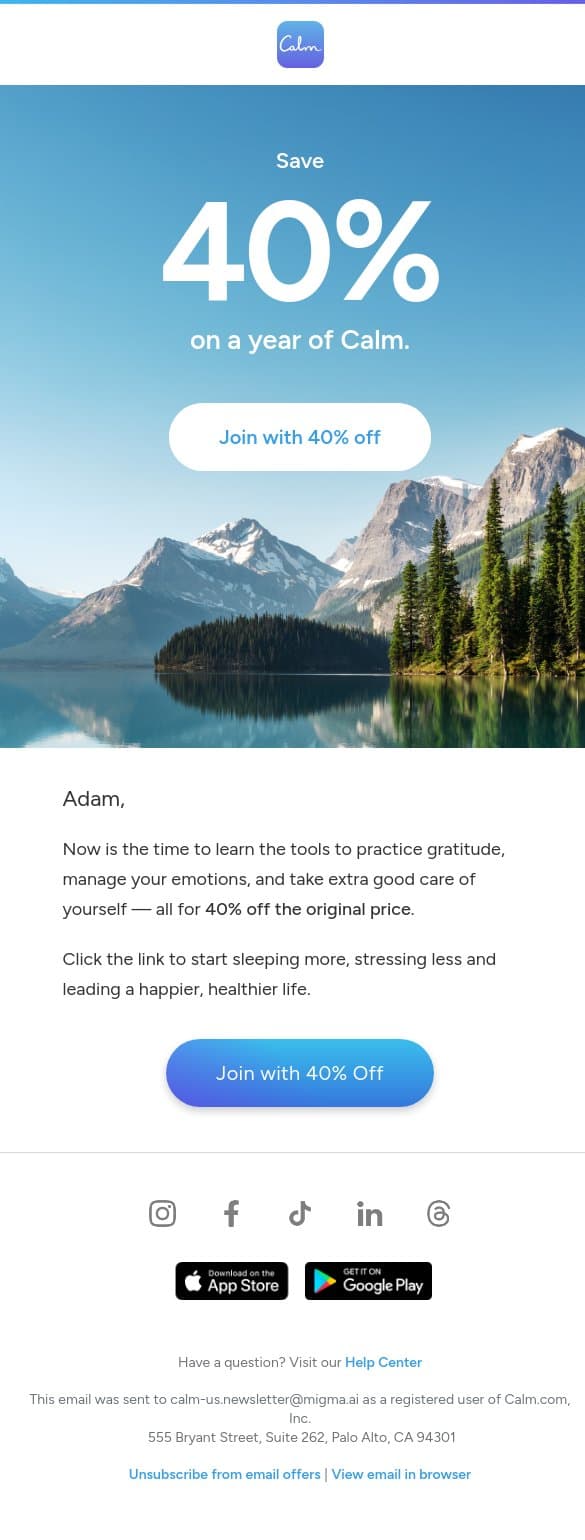 Following up on our offer email from Calm screenshot