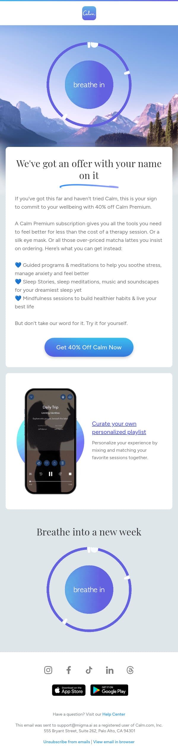 💙 Sure you don't want 40% off? email from Calm screenshot