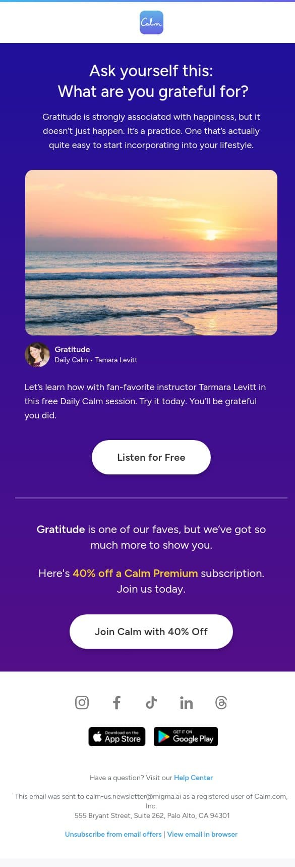 We dare you not to smile. email from Calm screenshot