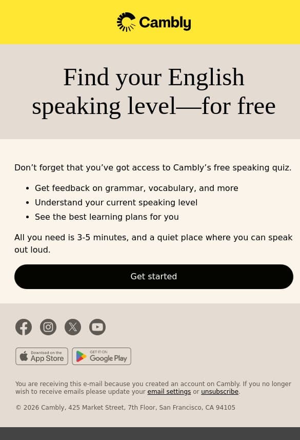 Find your English speaking level email from Cambly screenshot
