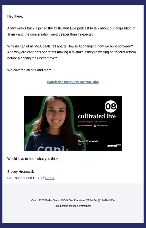 Why 50% of M&A deals fail email from Canix screenshot