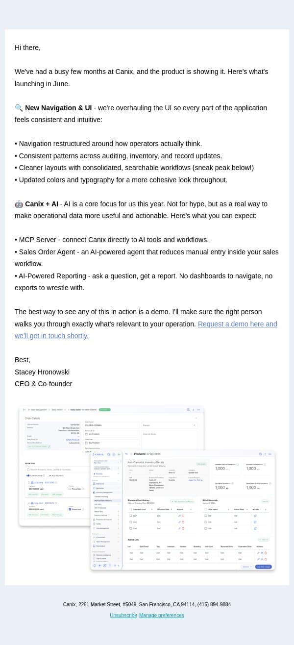 Canix Product Update: New UI + AI Initiatives email from Canix screenshot