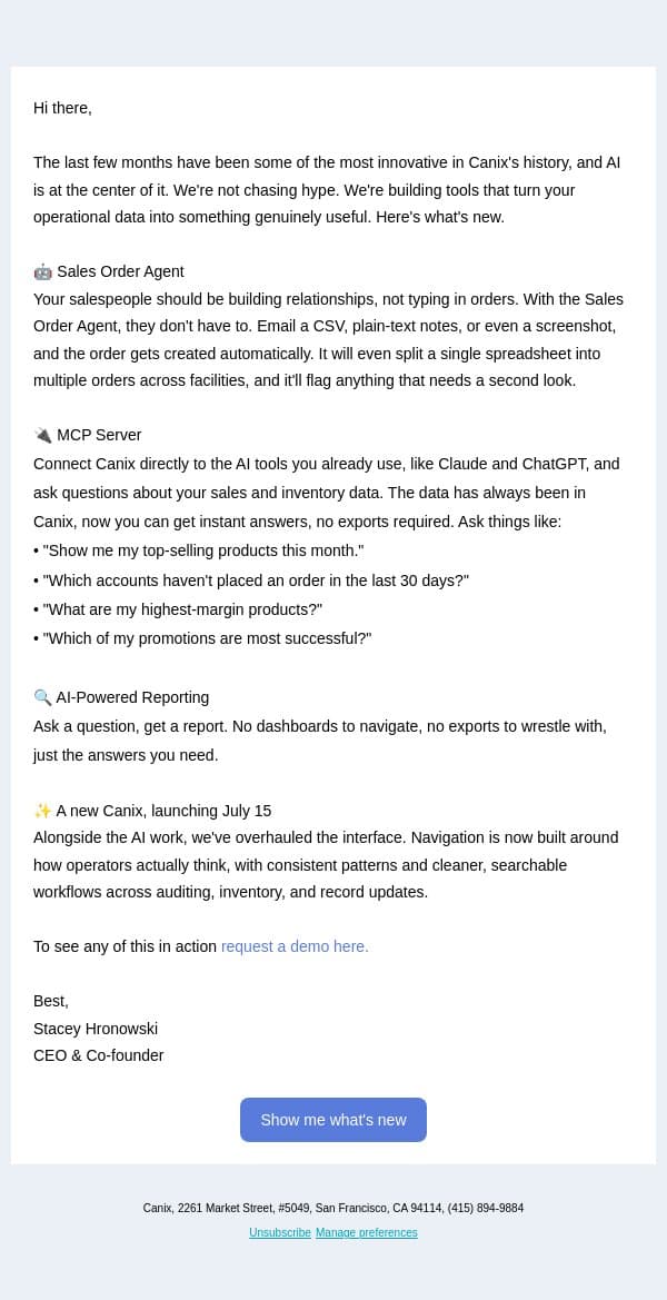 New AI features + a redesigned Canix, launching July 15 email from Canix screenshot