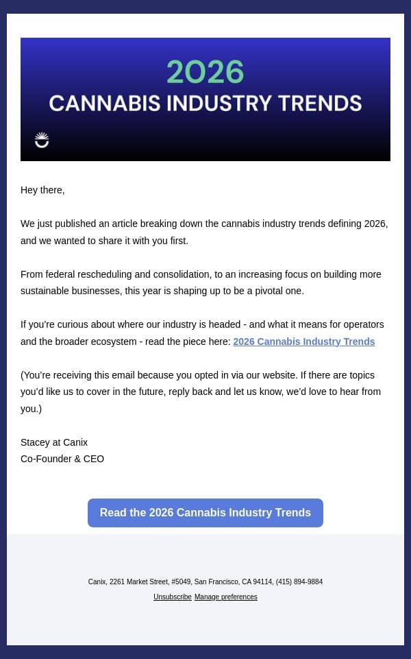 From policy to payments - 2026 industry trends 🍃 email from Canix screenshot