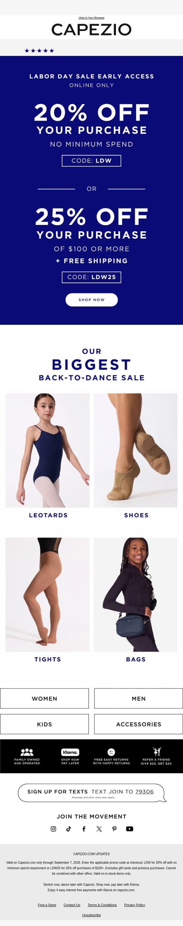 EARLY ACCESS! Labor Day Sale Starts NOW! 💙 email from Capezio screenshot