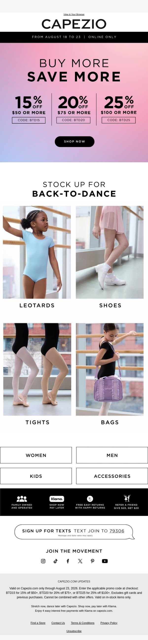 UP TO 25% OFF SITEWIDE! email from Capezio screenshot