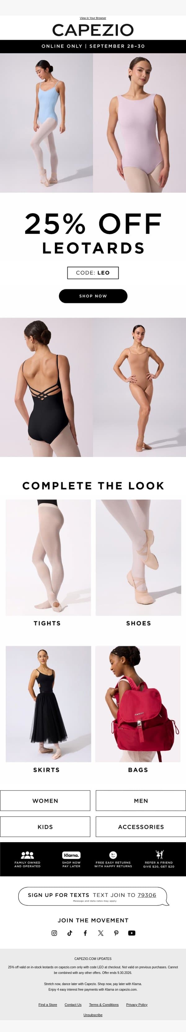 25% OFF ALL LEOTARDS 💫 email from Capezio screenshot