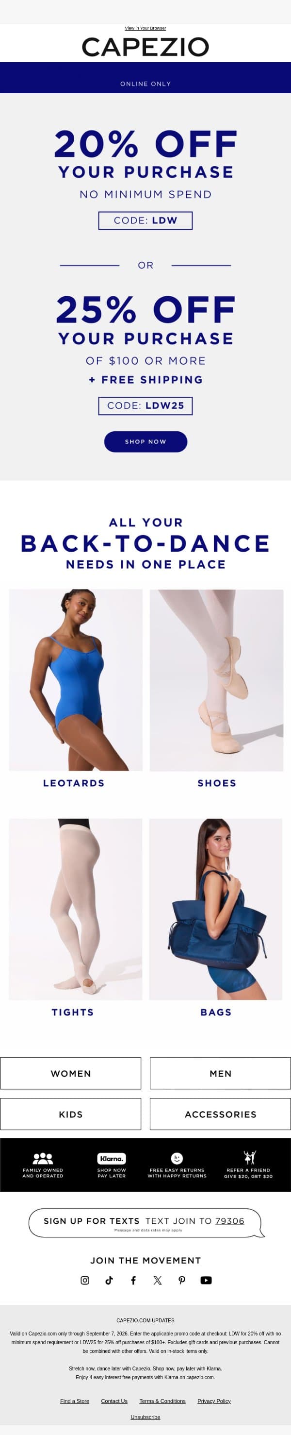 UP TO 25% OFF SITEWIDE!💫 email from Capezio screenshot