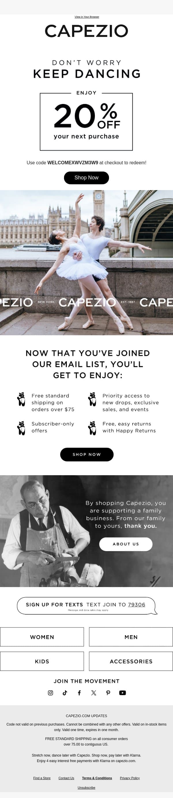 Welcome to Capezio - Enjoy 20% OFF email from Capezio screenshot