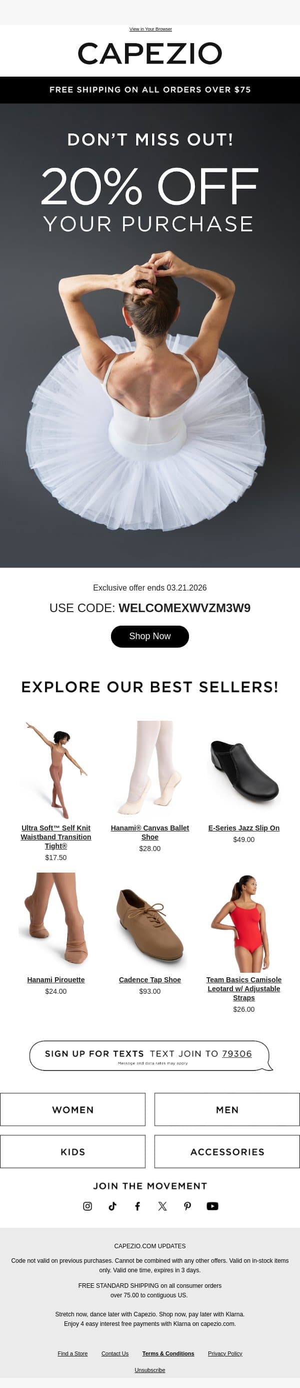 Don't Miss Out On 20% Off! email from Capezio screenshot