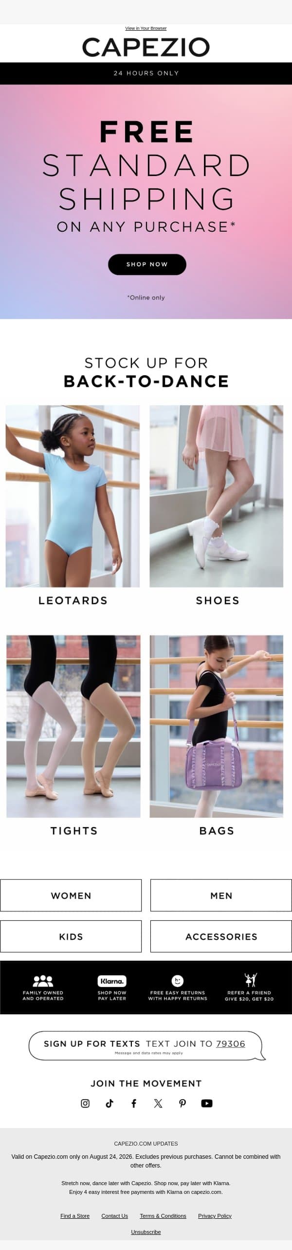 FREE SHIPPING ON ALL ORDERS! email from Capezio screenshot