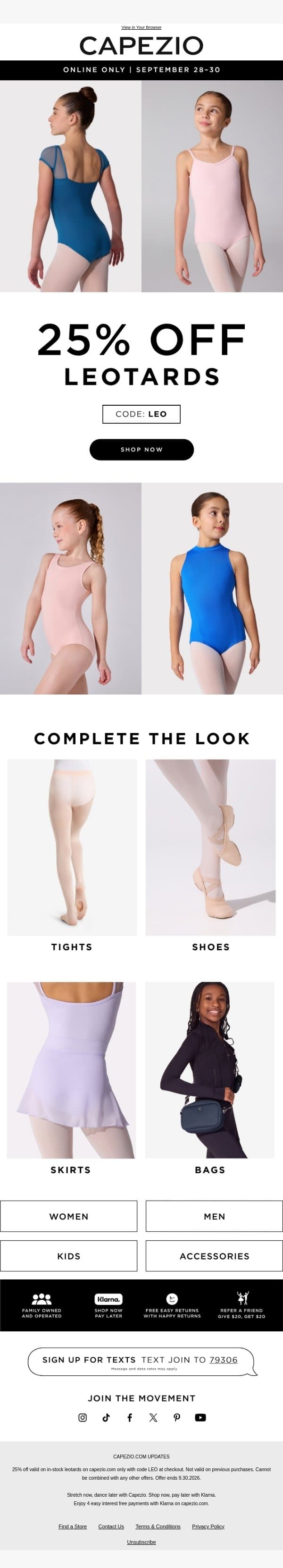 LAST CHANCE! 25% OFF ALL LEOTARDS 💫 email from Capezio screenshot