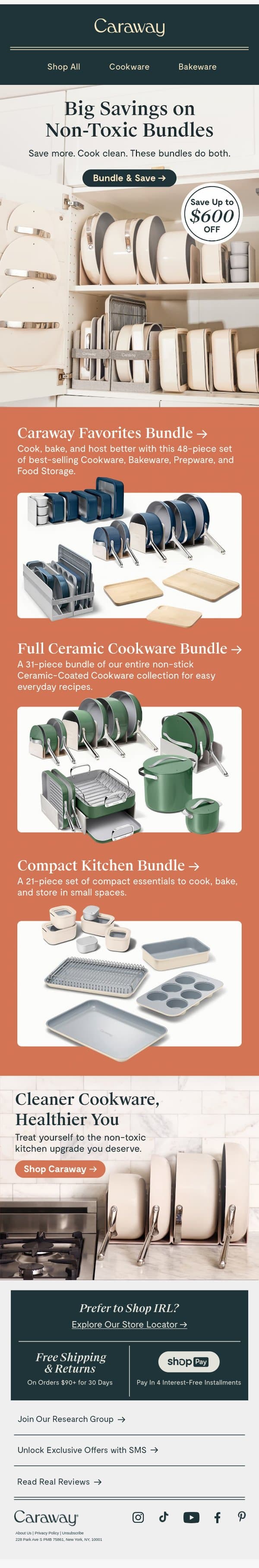 Save Up to $600 on Non-Toxic Bundles email from Caraway screenshot