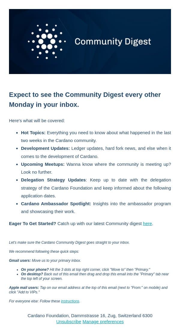 Welcome To the Cardano Community Digest! email from Cardano screenshot