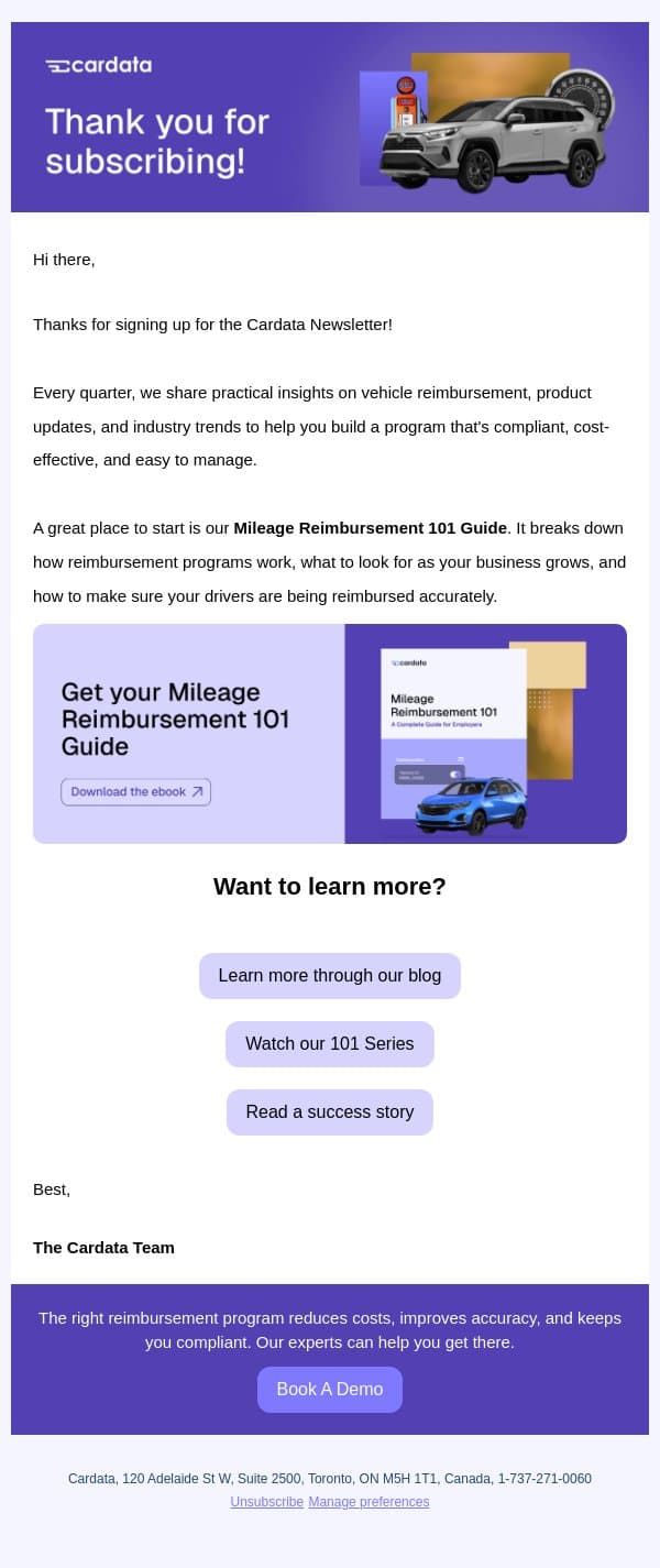 Which mileage reimbursement program is right for your team? email from Cardata screenshot