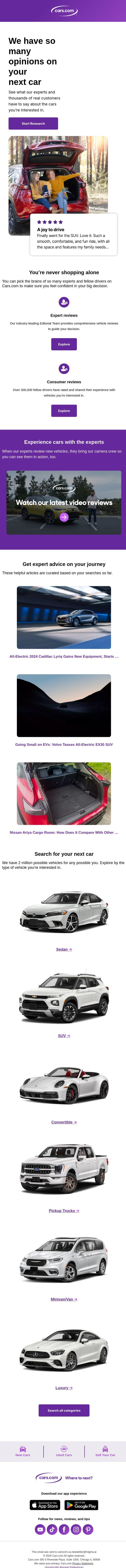 Empower your car shopping experience: tap into expert and consumer reviews email from Cars.com screenshot