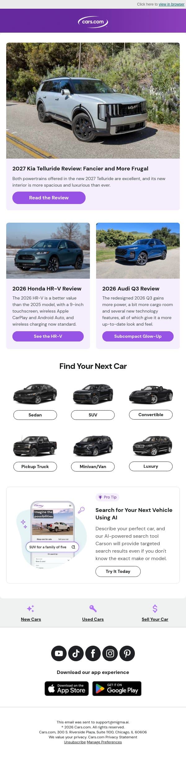 2027 Kia Telluride Review: Fancier and More Frugal email from Cars.com screenshot