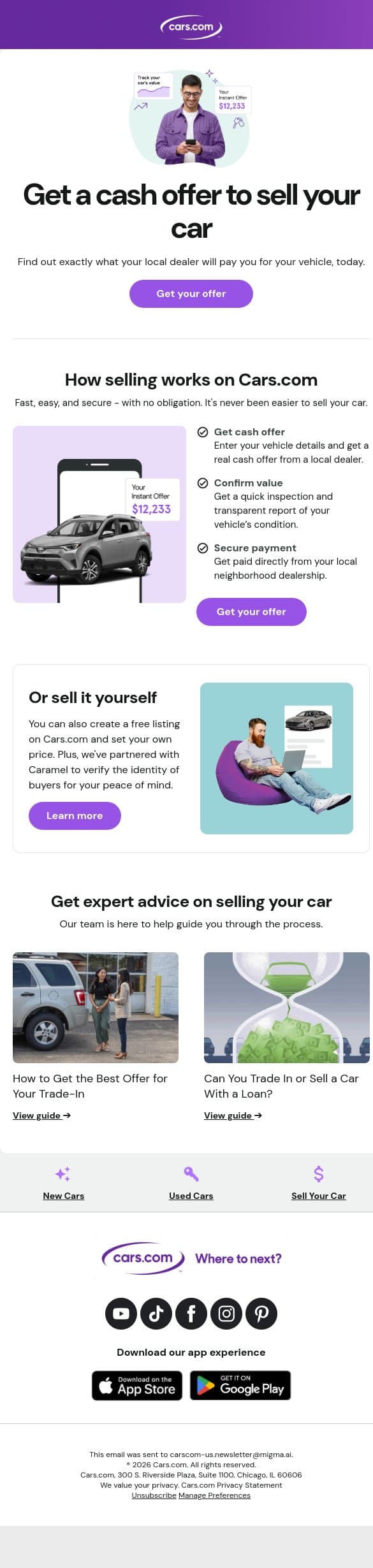 Maximize your cars value: sell with instant offer email from Cars.com screenshot