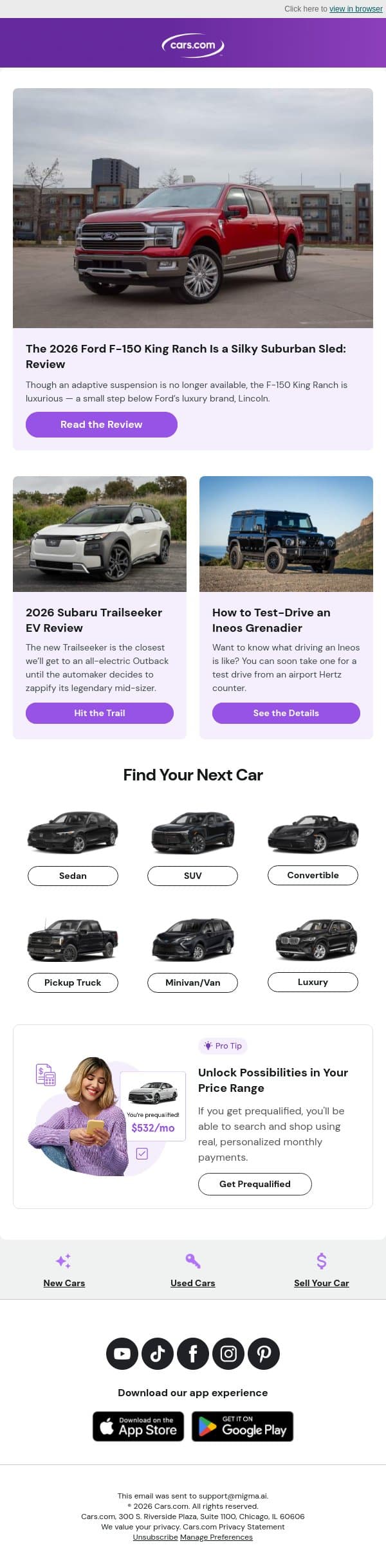 2026 Ford F-150 King Ranch Review: A Silky Suburban Sled email from Cars.com screenshot