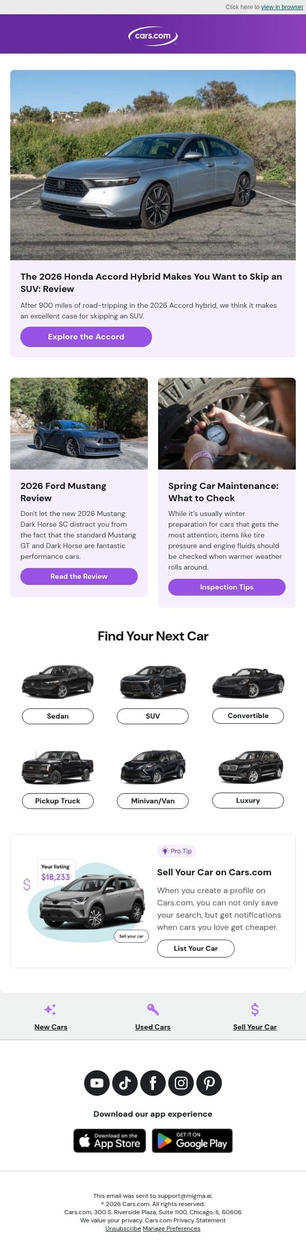 2026 Honda Accord Hybrid Review: Efficient and Comfortable email from Cars.com screenshot