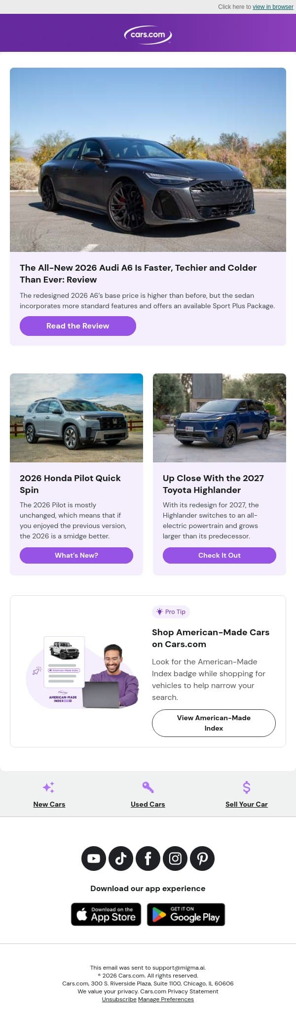 2026 Audi A6: Faster, Techier and Colder Than Ever email from Cars.com screenshot