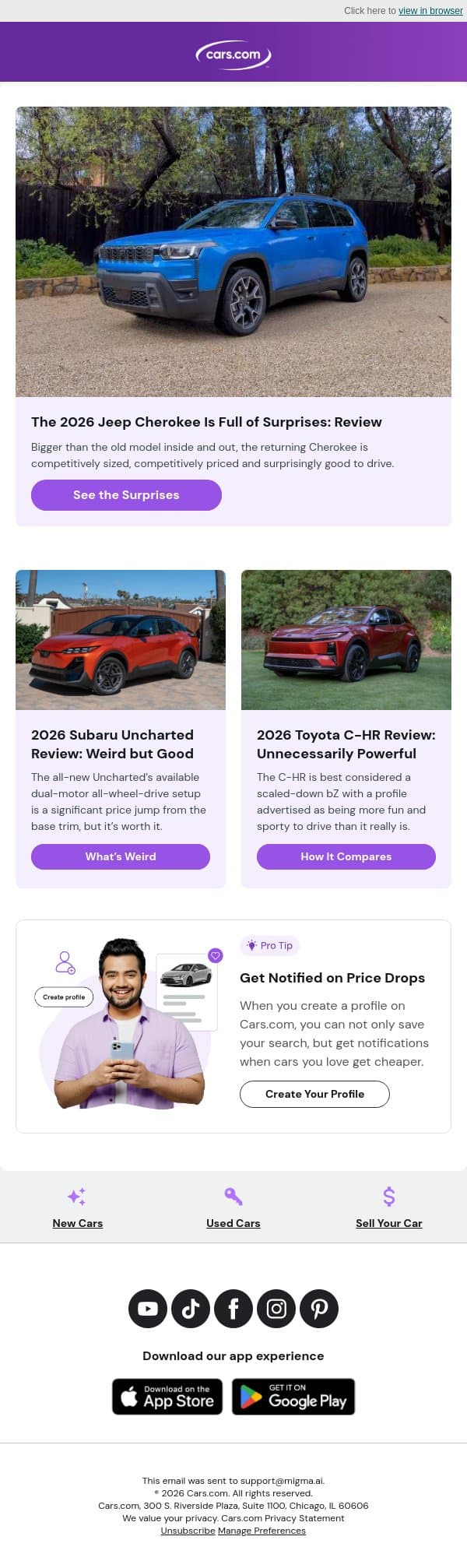 2026 Jeep Cherokee Is Full of Surprises: Review email from Cars.com screenshot