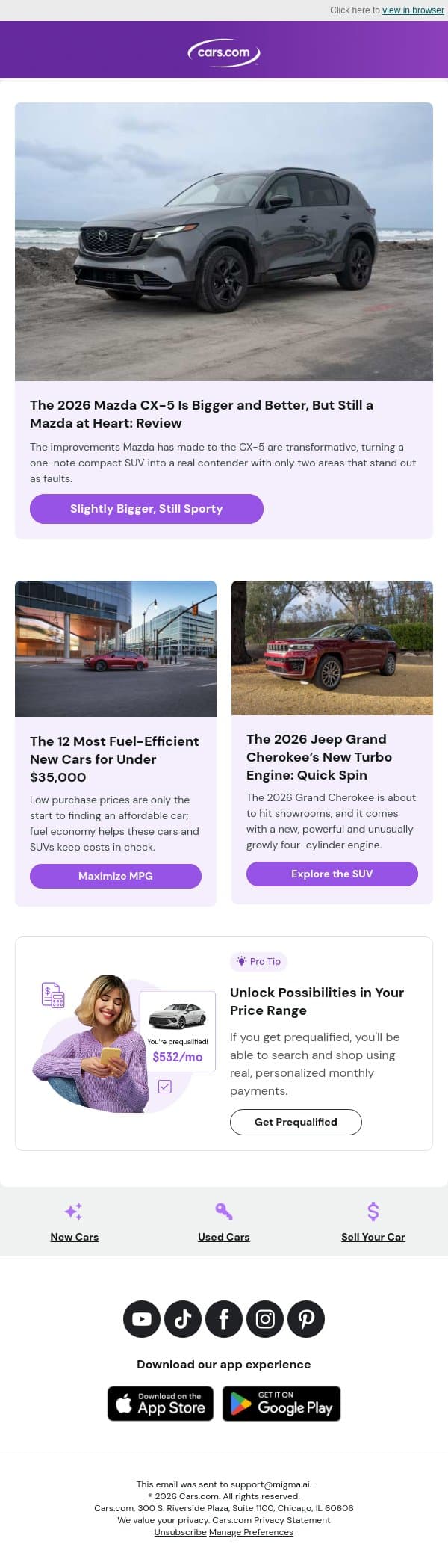 2026 Mazda CX-5 Is Bigger and Better, But Still Sporty email from Cars.com screenshot