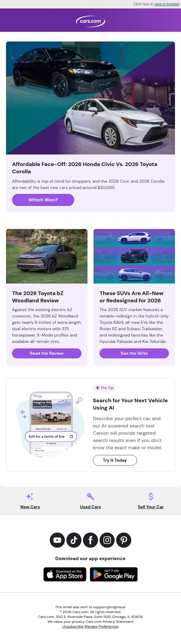 Affordable Face-Off: 2026 Honda Civic Vs. 2026 Toyota Corolla email from Cars.com screenshot