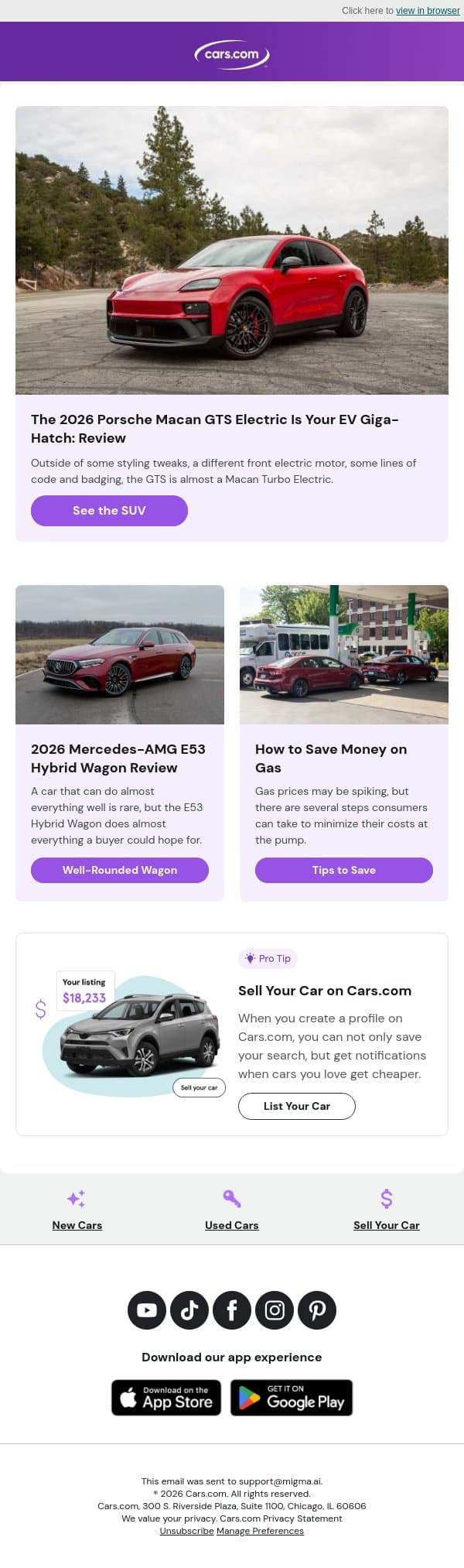 2026 Porsche Macan GTS Electric Review: More Power, Capability and Tactility email from Cars.com screenshot