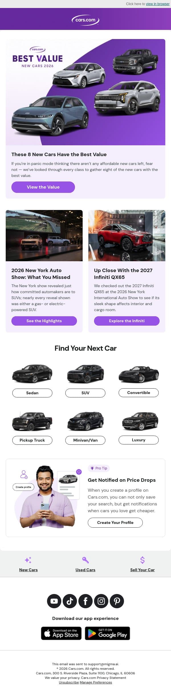 Which New Cars Have the Best Value? email from Cars.com screenshot