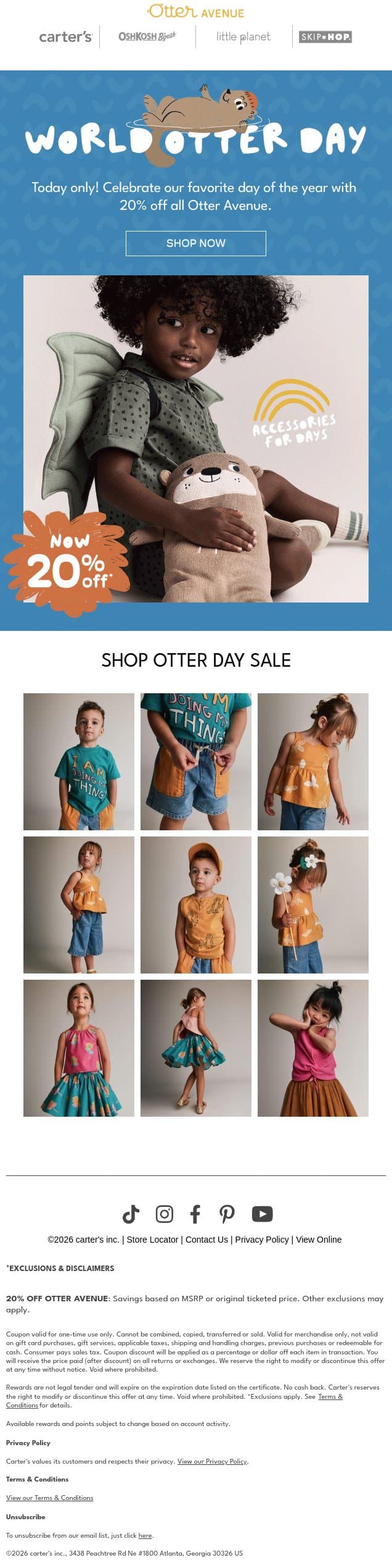 Today only! 20% OFF Otter Avenue 🦦 email from Carter's screenshot