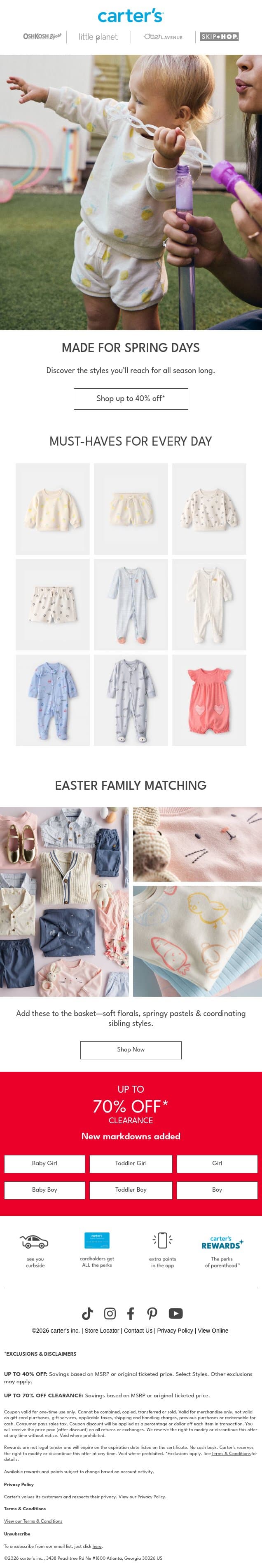 Up to 40% off spring 💕✨☀️ email from Carter's screenshot