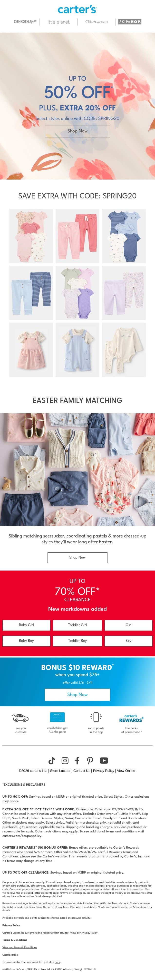 Code SPRING20 for extra 20% off email from Carter's screenshot