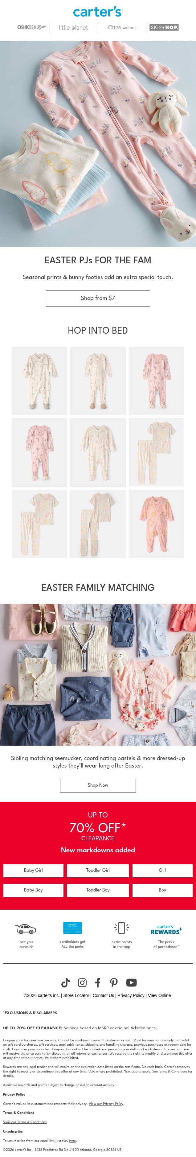PJs from $7 for the crew! email from Carter's screenshot