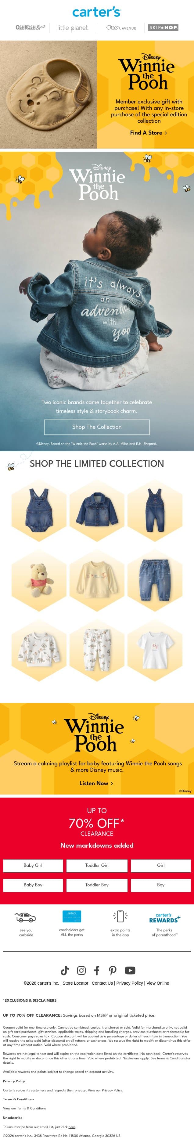 Special edition Winnie the Pooh collection is in 💛 email from Carter's screenshot