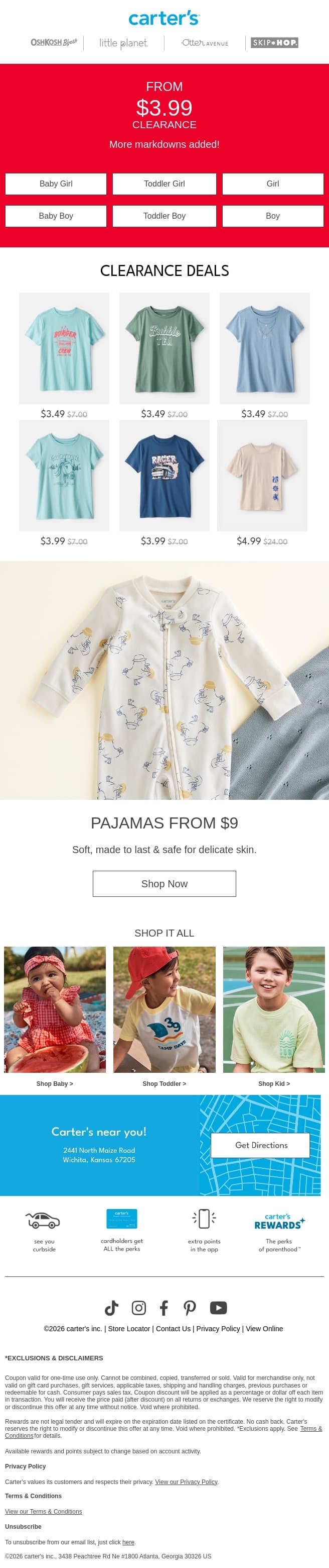 CLEARANCE FROM $3.99 🚨🚨 email from Carter's screenshot