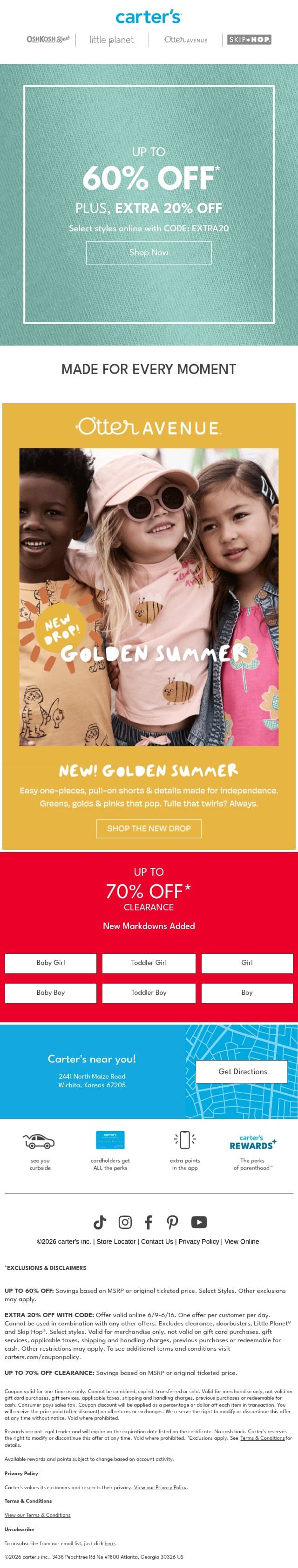 EXTRA 20% off 🥳 Code: EXTRA20 email from Carter's screenshot
