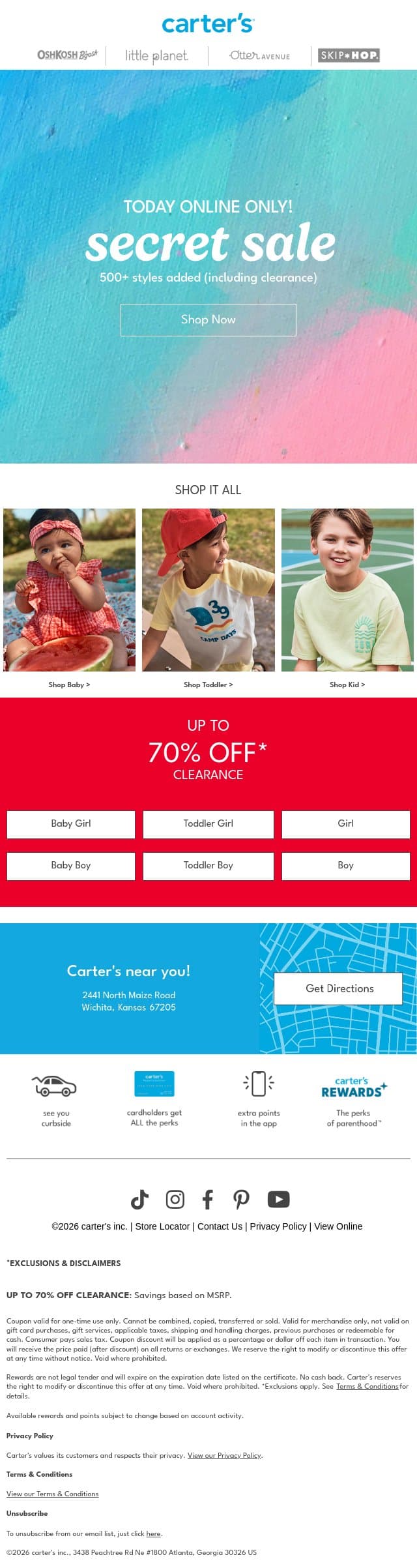 SECRET SALE ⏳ TODAY ONLINE ONLY email from Carter's screenshot