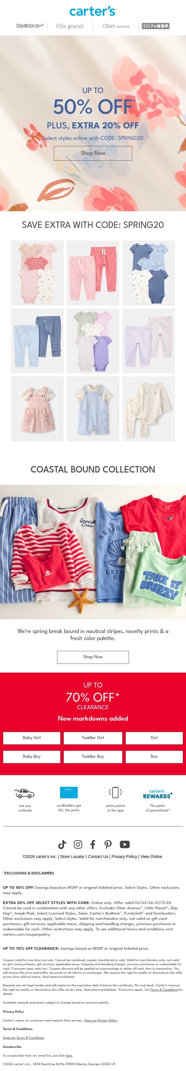 EXTRA 20% OFF !!! Code: SPRING20 email from Carter's screenshot